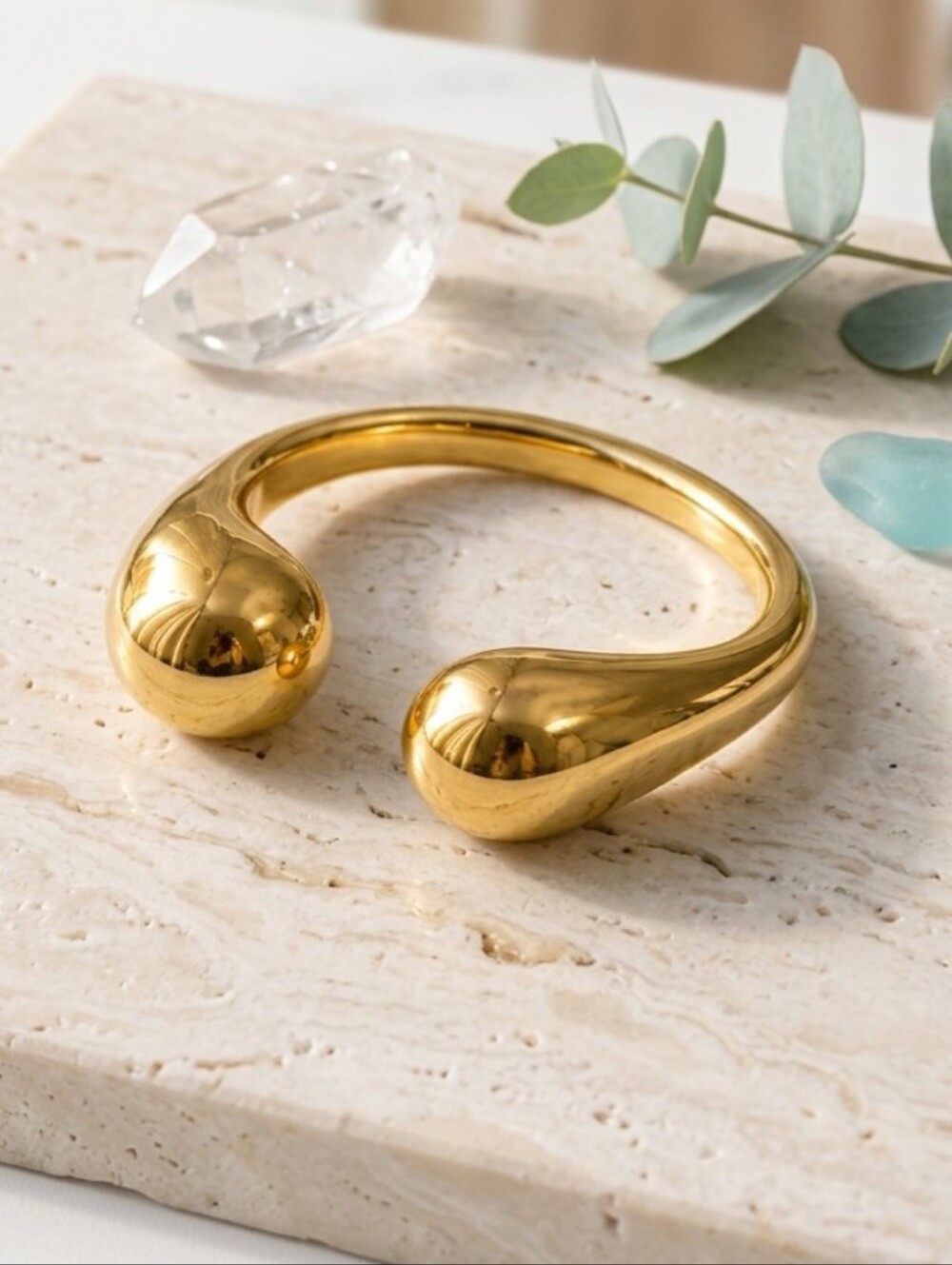 Gold Open Dome Ring Teardrop Ball Ends Adjustable Chunky Statement Minimalist